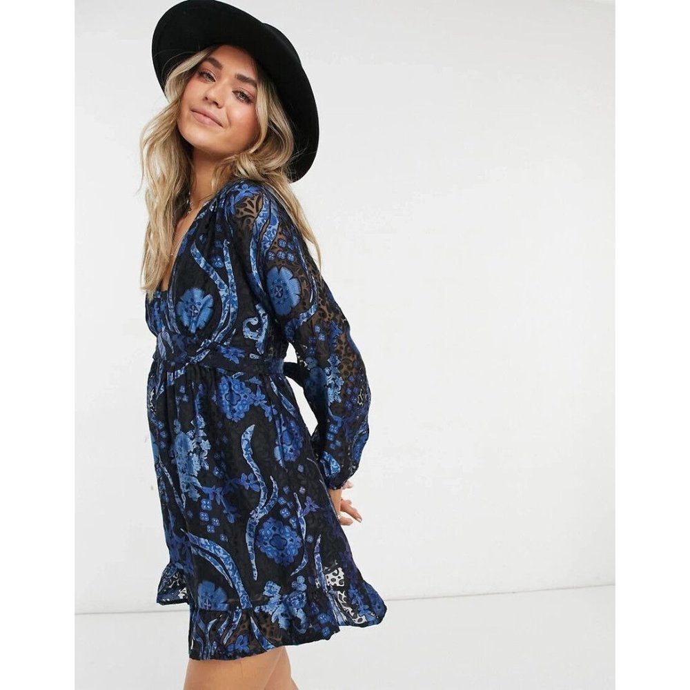 RAGA Ocean Song Ruffle Mini Dress Women babydoll Large Black Blue V-Neck Ruf…